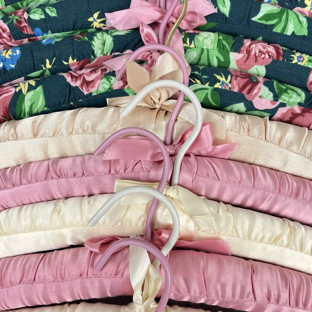 Lot of 11 Vintage Lingerie Clothing Hangers Fabric Satin Covered Cottagecore